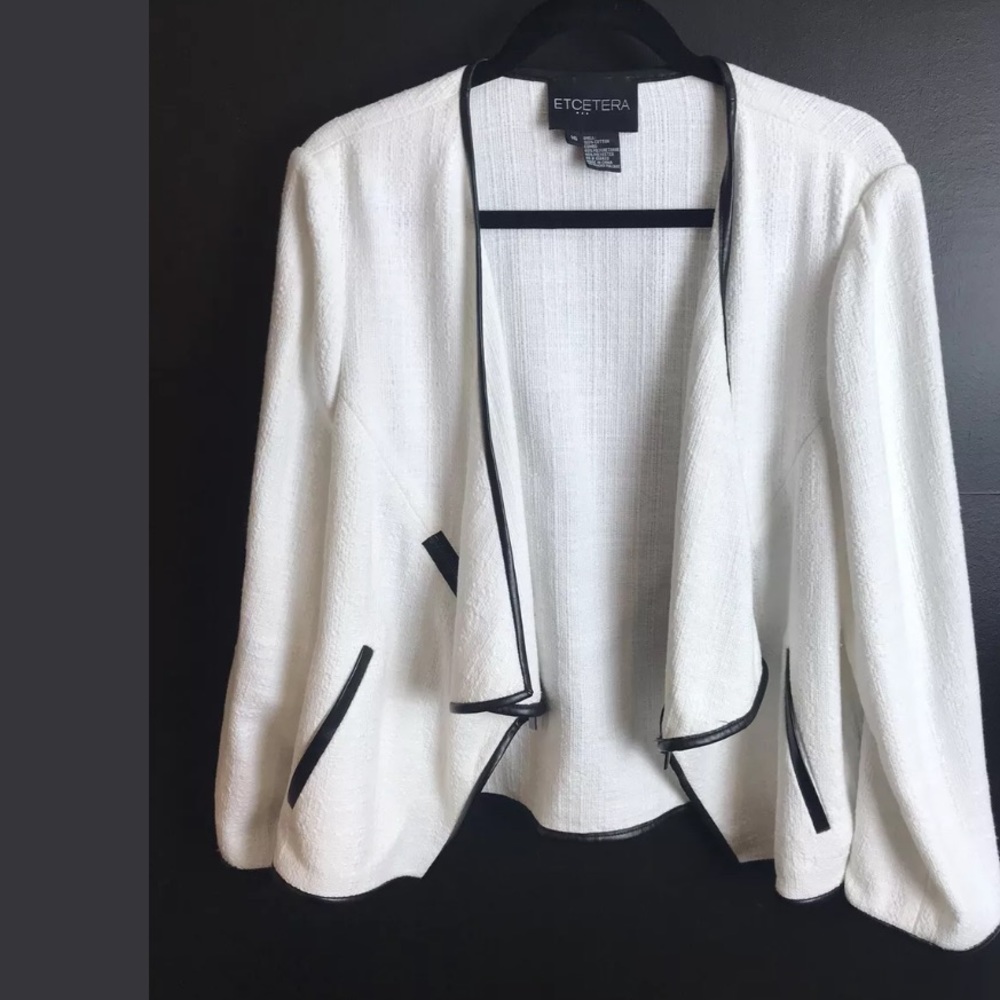 ETCETERA Moto Jacket Blazer Zippers White Black Trim Tweed Faux Leather Pockets